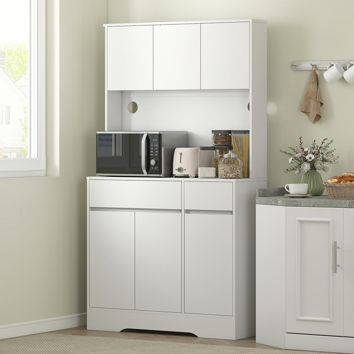 KÜCHENSCHRANK Buffetschrank mit Arbeitsplatte, 6 Türen, Kabellöchern, Weiß - Weiß, Holz (38/180/100cm) - HOMCOM