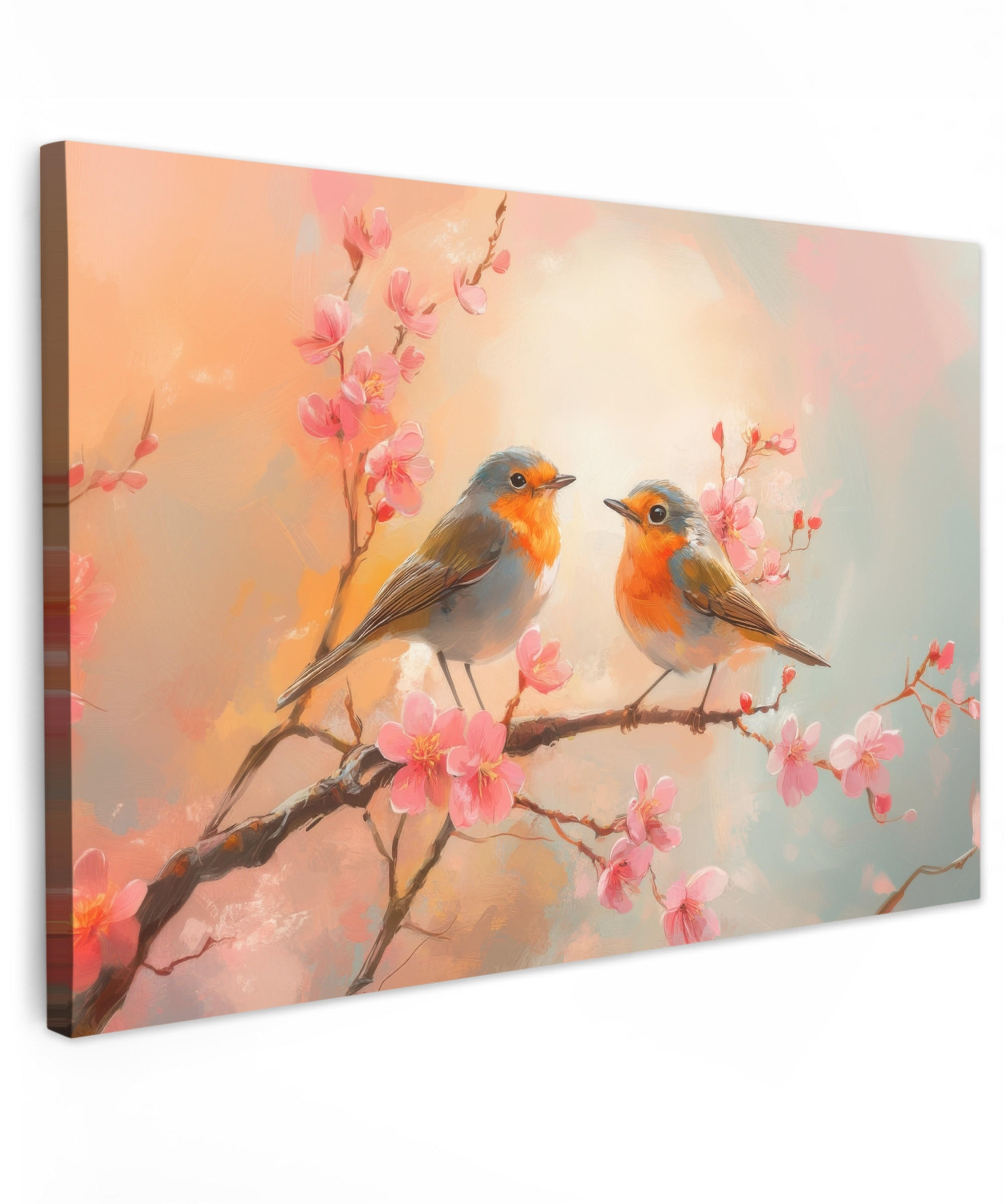 LEINWANDBILD Rotkehlchen - Zierpflanze - Blütenzweig Groß 140x90 cm - Hellrosa, Textil (140/90cm) - MuchoWow