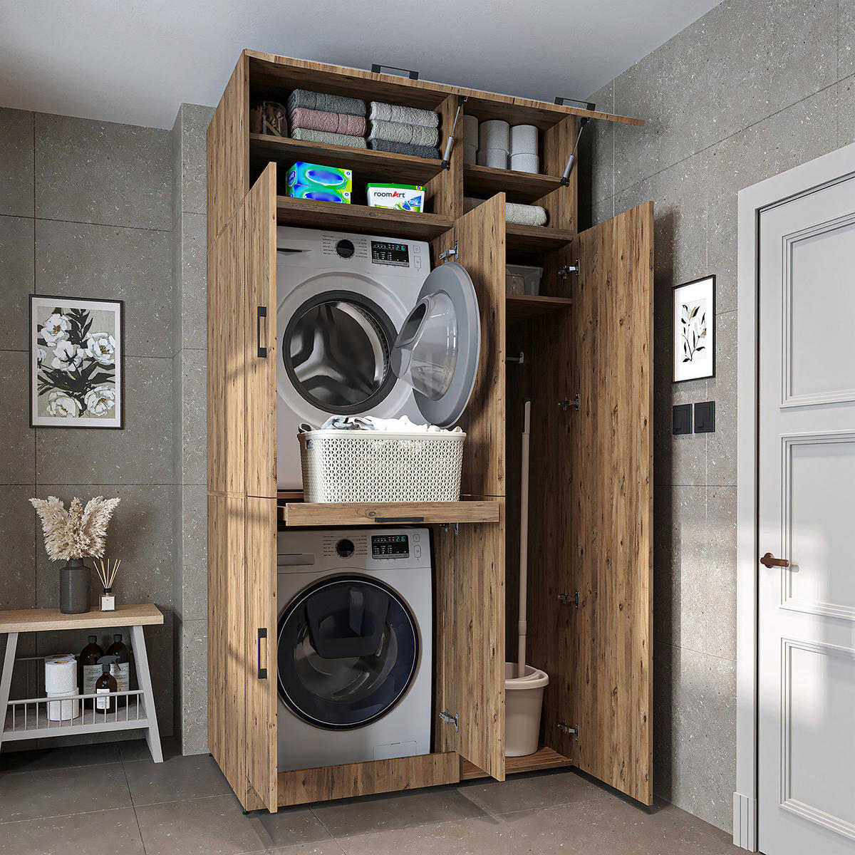 WASCHMASCHINENSCHRANK DORA-I 115cm Breit, 230cm Hoch - Eichefarben, Holzwerkstoff (115/230/73.8cm)