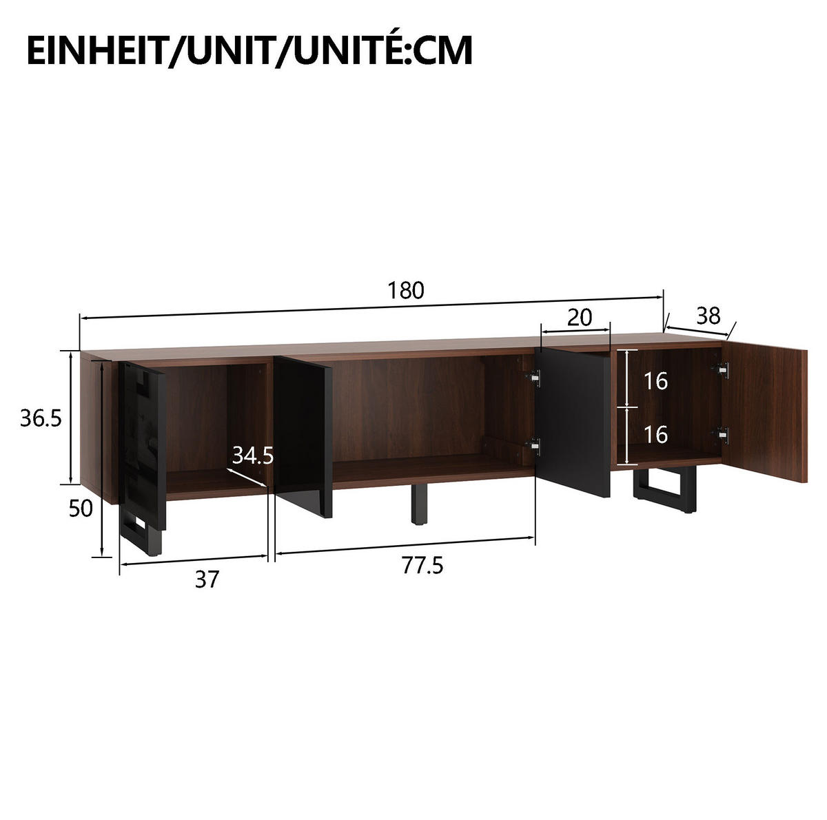 TV-SCHRANK 180/38/50 cm schwarz/natur aus MDF mit 4 Türen - Hellbraun, Holzwerkstoff (180/50/38cm) - OKWISH