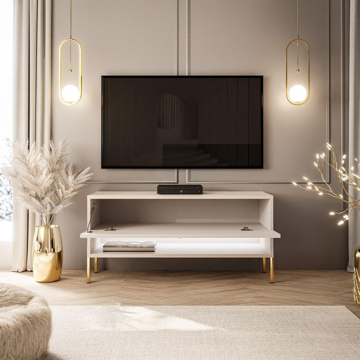 LOWBOARD TV-Schrank CALANTE 90 cm auf geraden goldenen Chrom-Beinen - Kaschmir/Goldfarben, Holzwerkstoff/Metall (90/44/35cm) - Lookway