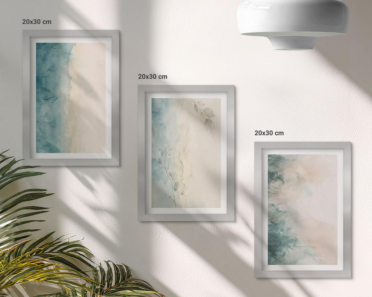 WANDBILDER 3er Set - 20x30 cm Silberner Rahmen - Minimalismus auf Aquarellleinwand - Silberfarben, Kunststoff (20/30cm) - ArtPrintCave