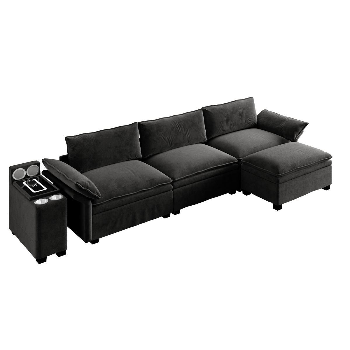 ECKSOFA 315/70/85 cm Schwarz mit Fußhocker, kabelloses Laden, Lautsprecher, Licht und 2 Getränkehalter - Schwarz, Textil (315/70cm) - Oxeza