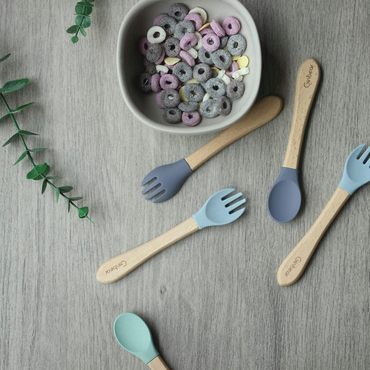 BABY-BESTECK-SET 4-teilig Silikon/Holz Hellgrün/Mandel - Multicolor, Kunststoff