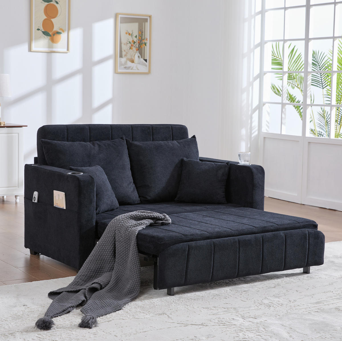 SCHLAFSOFA 139/83/58 cm ausziehbar mit Schlaffunktion und Seitentaschen, Schwarz - Schwarz, Textil (139/83/73cm) - Redom