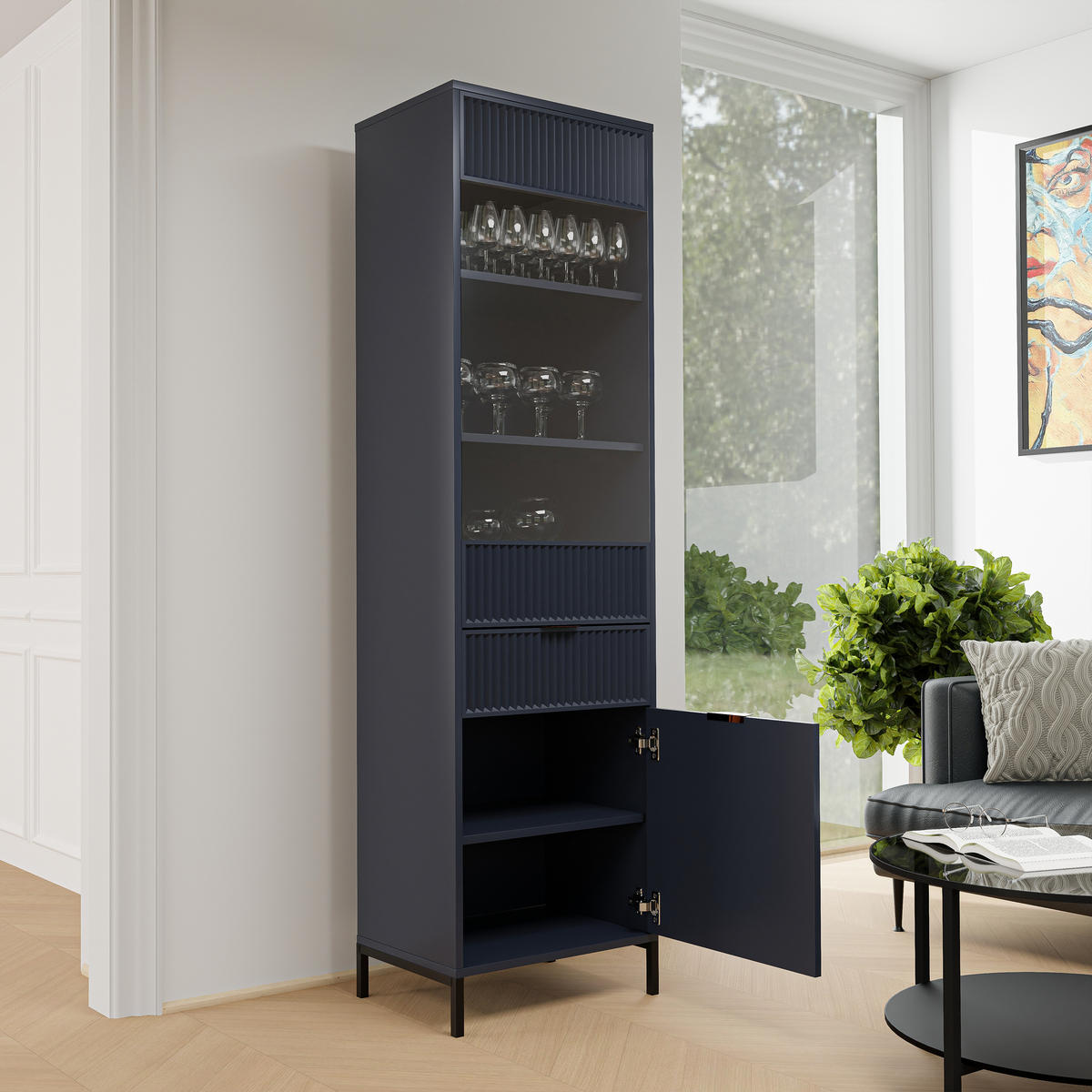 GLASVITRINE klein mit 1 Schublade und 2 Türen, Blau - Blau, Holzwerkstoff (196/55/41cm) - Idohome