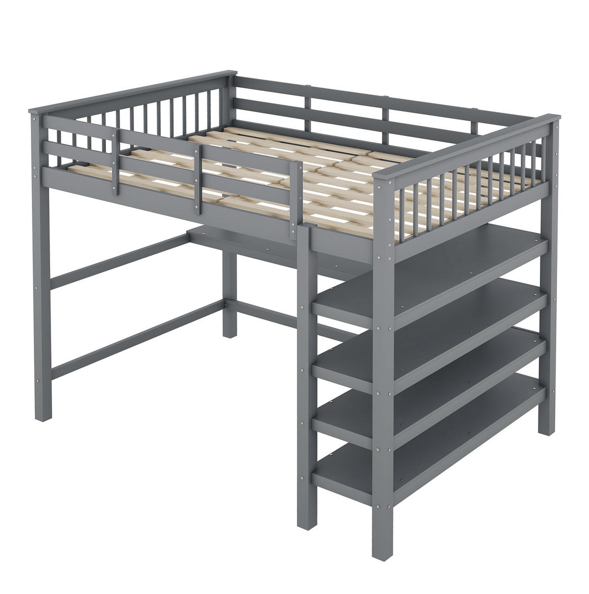 VISOKI krevet 140/200 cm s radnim stolom i policama, sigurnosnom ogradom i minimalističkim dizajnom, Siva - siva, drvni materijal (140/200cm) - Redom