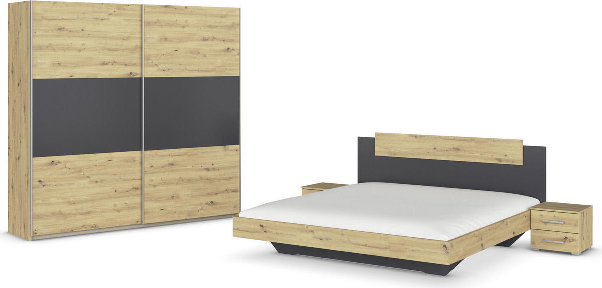 SCHLAFZIMMER Borba in Eiche und Grau 4 teilig – mit Bettanlage 180x200cm, zwei Nachttisch und Schwebetürenschrank 218cm Breite - Braun, Holzwerkstoff (80/200/120cm)