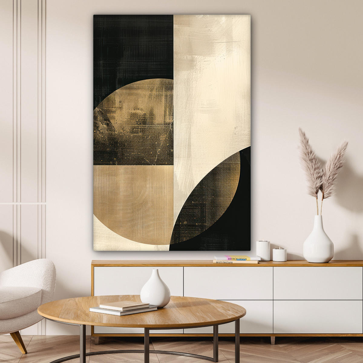 LEINWANDBILD Abstrakt - Geometrische Formen - Schwarz - Gold Deko Groß 90x140 cm - Ecru, Textil (90/140cm) - MuchoWow