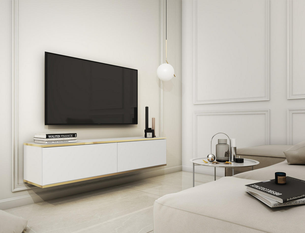 TV-LOWBOARD FORNO (Weiß, Goldene Details, 2 Türen, 135 cm) - Weiß, Holz/Holzwerkstoff (135/30/32cm) - Ravio