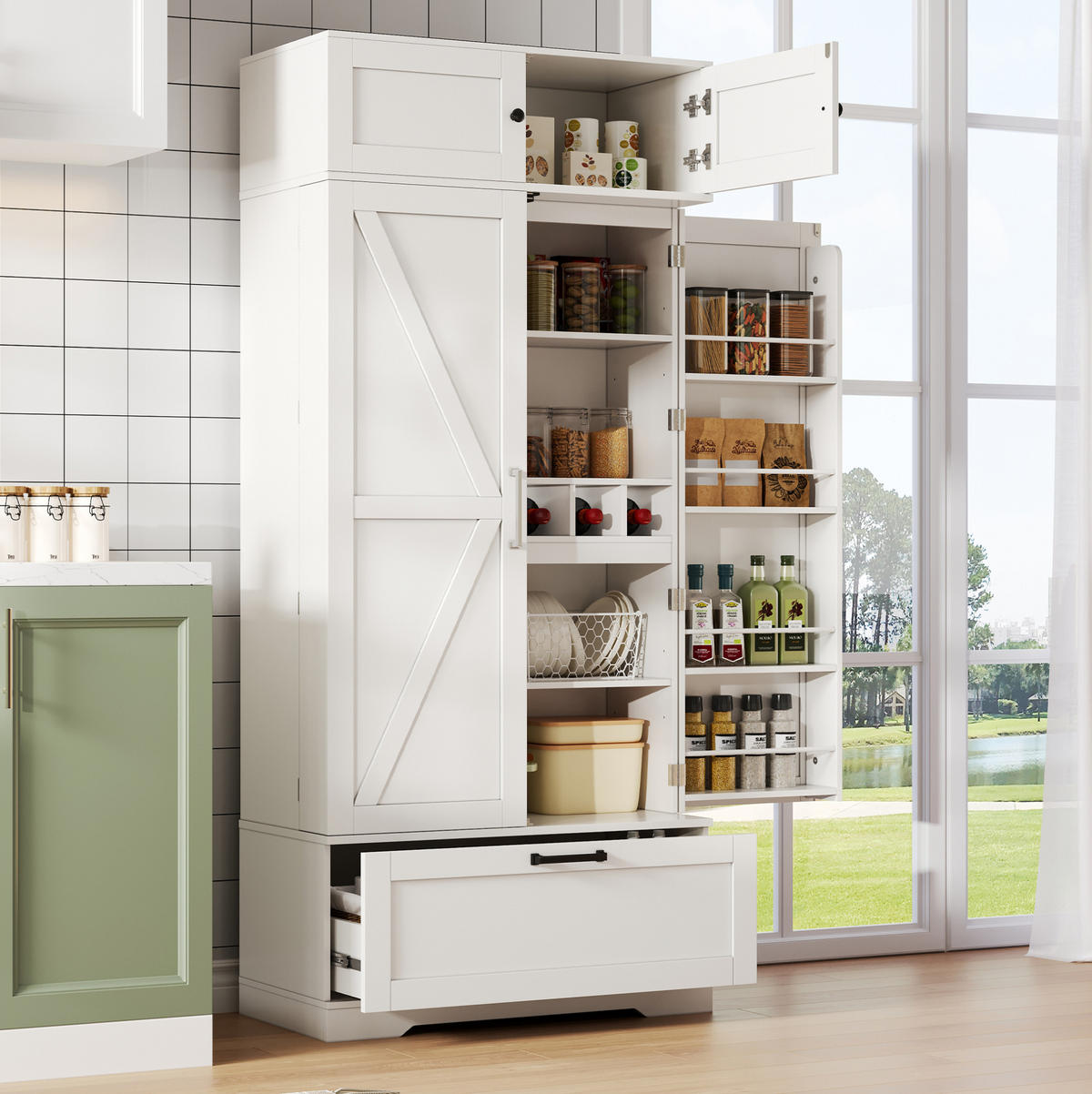 BUFFET 80/40/180 cm in Weiß mit Weinregal, Schublade und Türen - Weiß, Holzwerkstoff (80/180/40cm) - Flora Grace