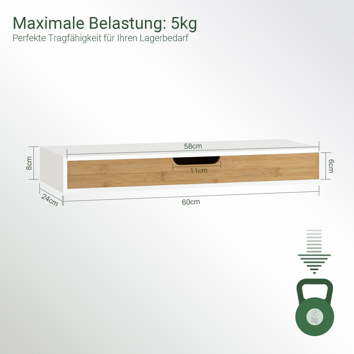 WANDREGAL mit Schublade Bambus Weiß-Natur 60x24x8cm - Weiß/Naturfarben, Holzwerkstoff (60/8/25cm) - SoBuy