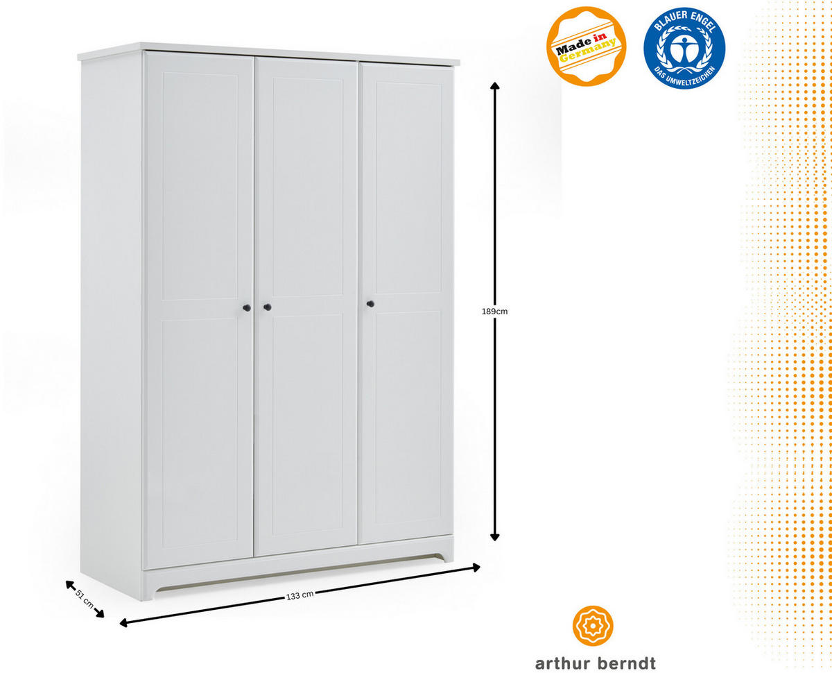 KLEIDERSCHRANK Thilo Landhausstil 133/189/51 cm Soft-Close - Schwarz/Weiß, Holzwerkstoff/Metall (133/189/51cm) - arthur berndt