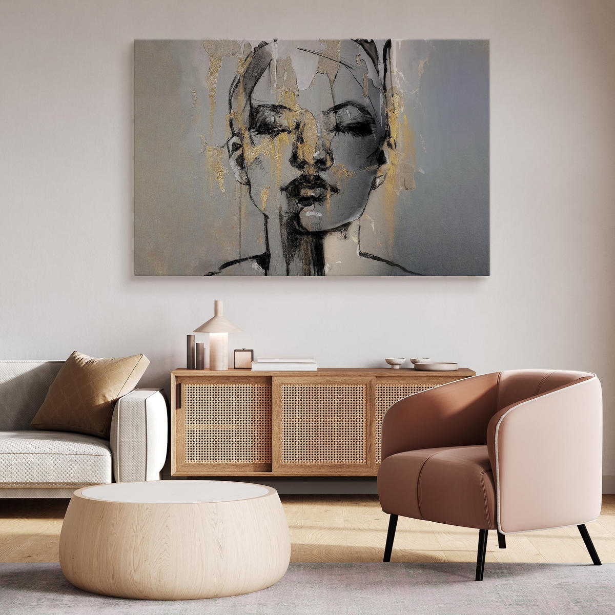 LEINWANDBILD Porträt Frau Abstraktion 120x80 - Beige/Schwarz, Textil (120/80cm) - Muralo