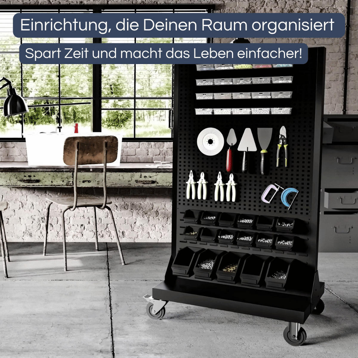 WERKZEUGWAND mobil ENDA Lochwand 155,5x96,5x6,1cm Schwarz - Schwarz, Metall (96.5/155.5/6.1cm) - DELUKE