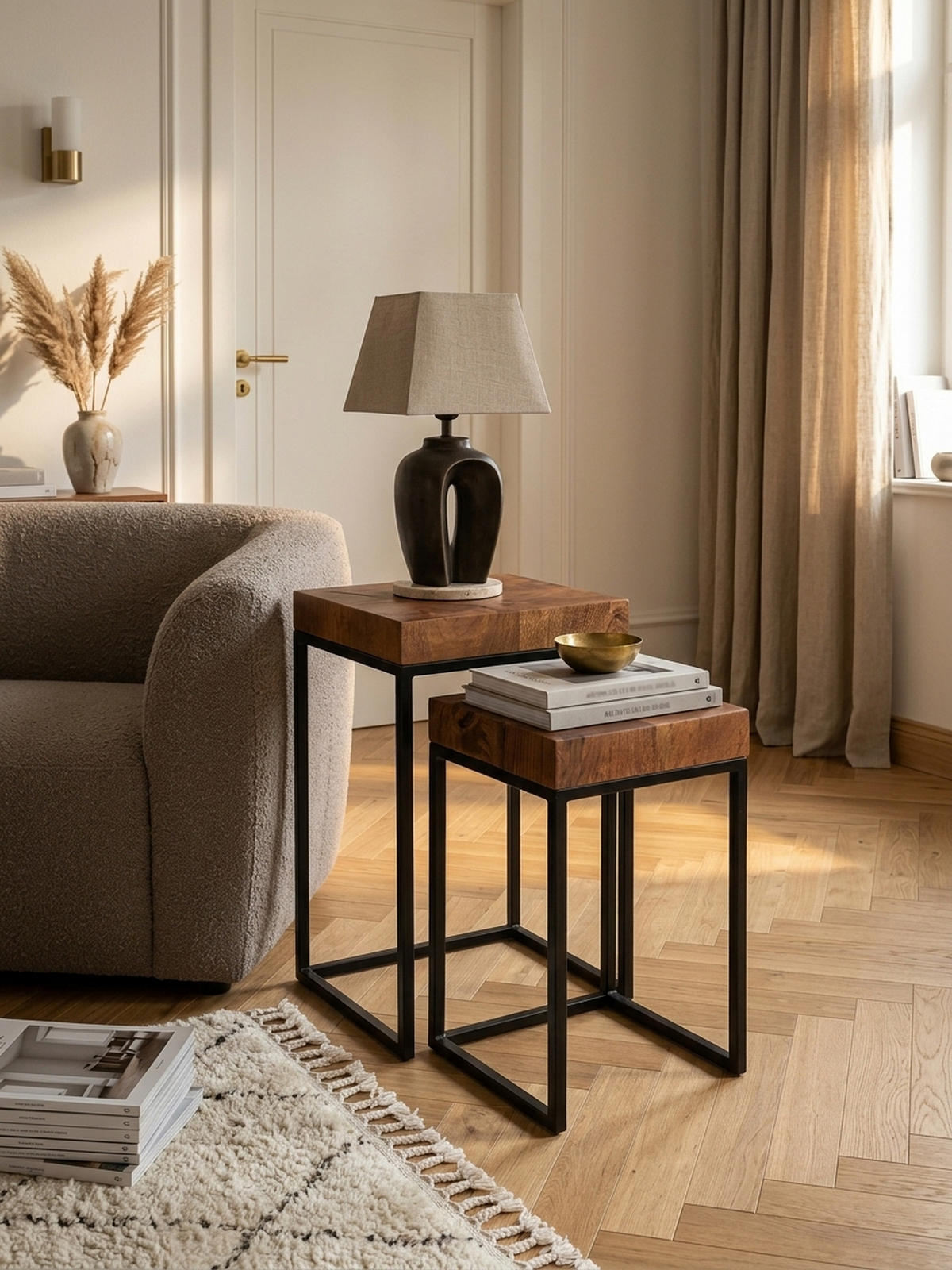 BEISTELLTISCH Set – 2-teilig Massivholz Metall handgefertigt Industrial - Schwarz/Braun, Holz/Metall (30/30/60cm) - KADIMA DESIGN