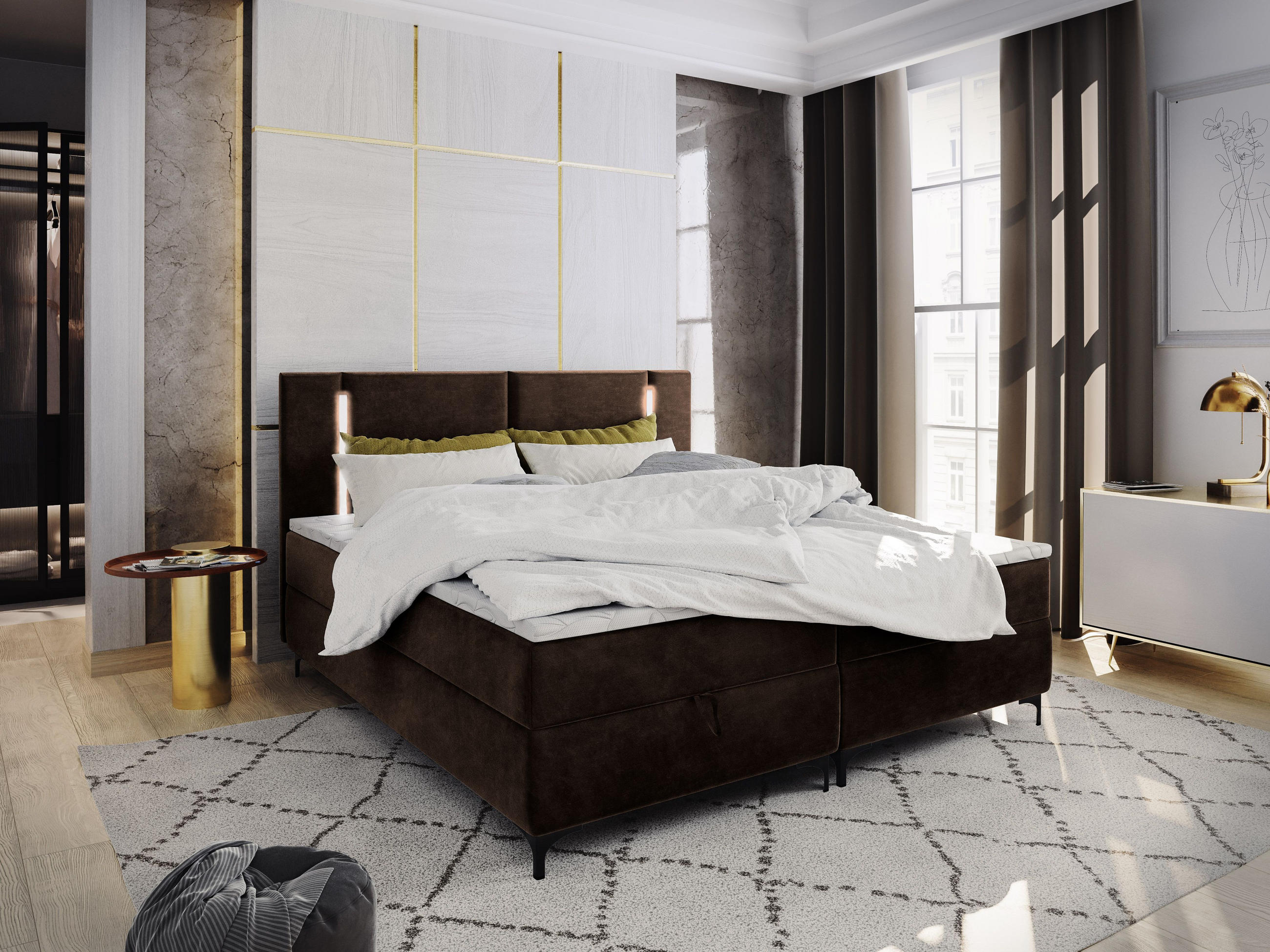 BOXBETT ALBA 140x200 cm mit Matratze und Topper - Braun - Braun, Holz (140/200cm) - MASSENO