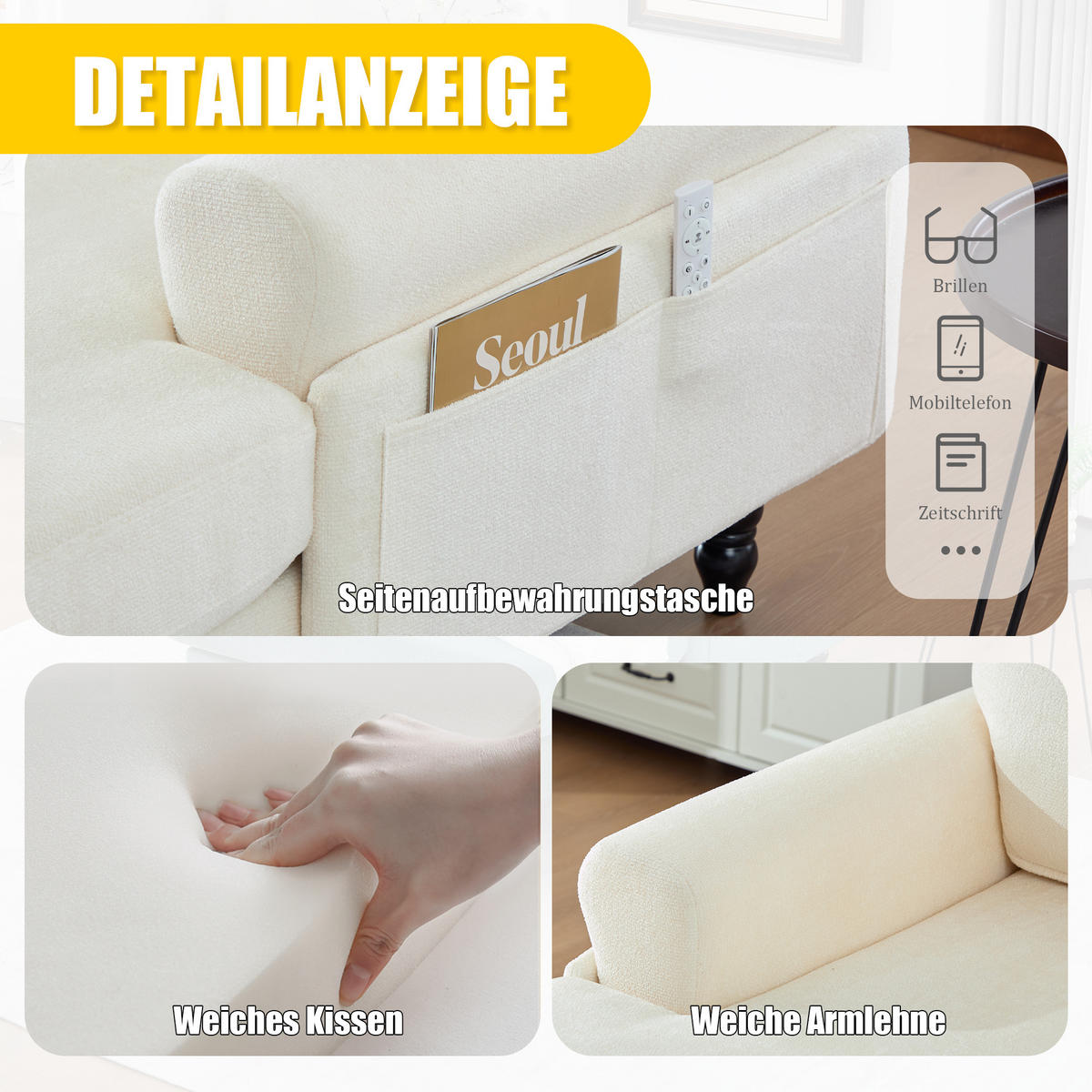 RELAXSESSEL Chenille mit Stauraum polstersessel für Wohnzimmer Schlafzimmer Beige - Beige, Textil (97/86/125cm) - PARAFTA HOME