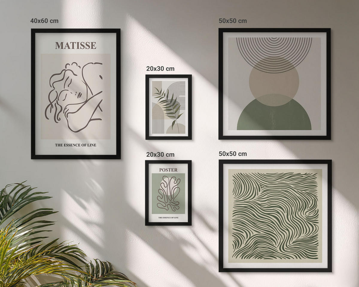 WANDBILDER 5er-Set - 50x50 cm & 20x30 cm & 40x60 cm Schwarzer Rahmen - Geometrische botanische Muster - Schwarz, Kunststoff (40/60cm) - ArtPrintCave