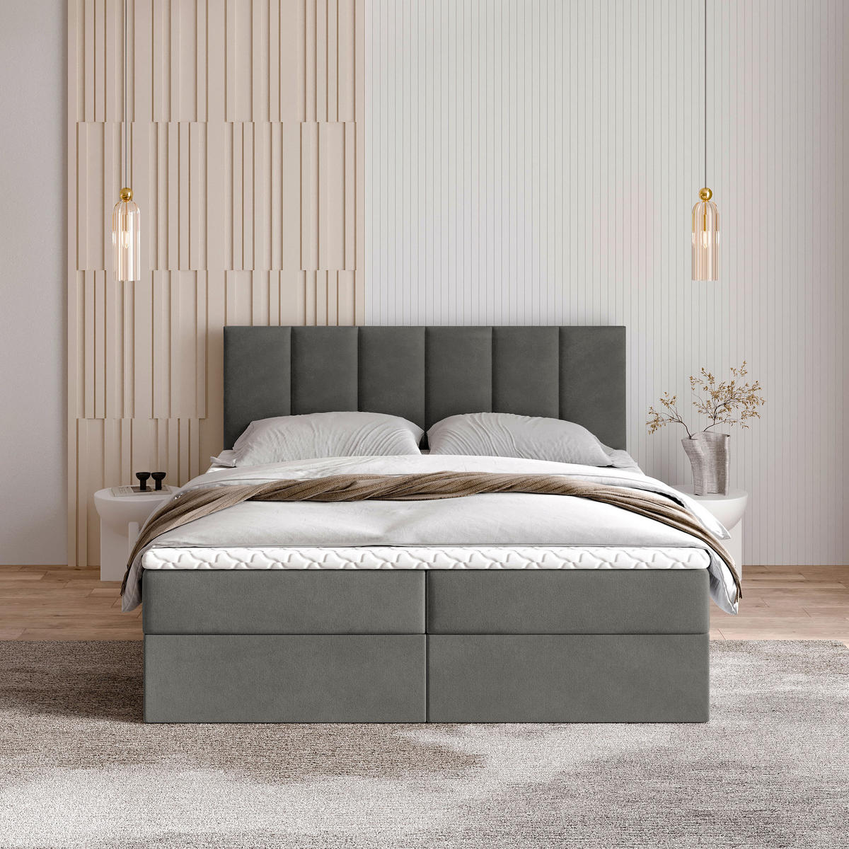 BOXBETT MERIL 140x200 cm mit Matratze und Topper - Grau - Grau, Holz (140/200cm) - MASSENO