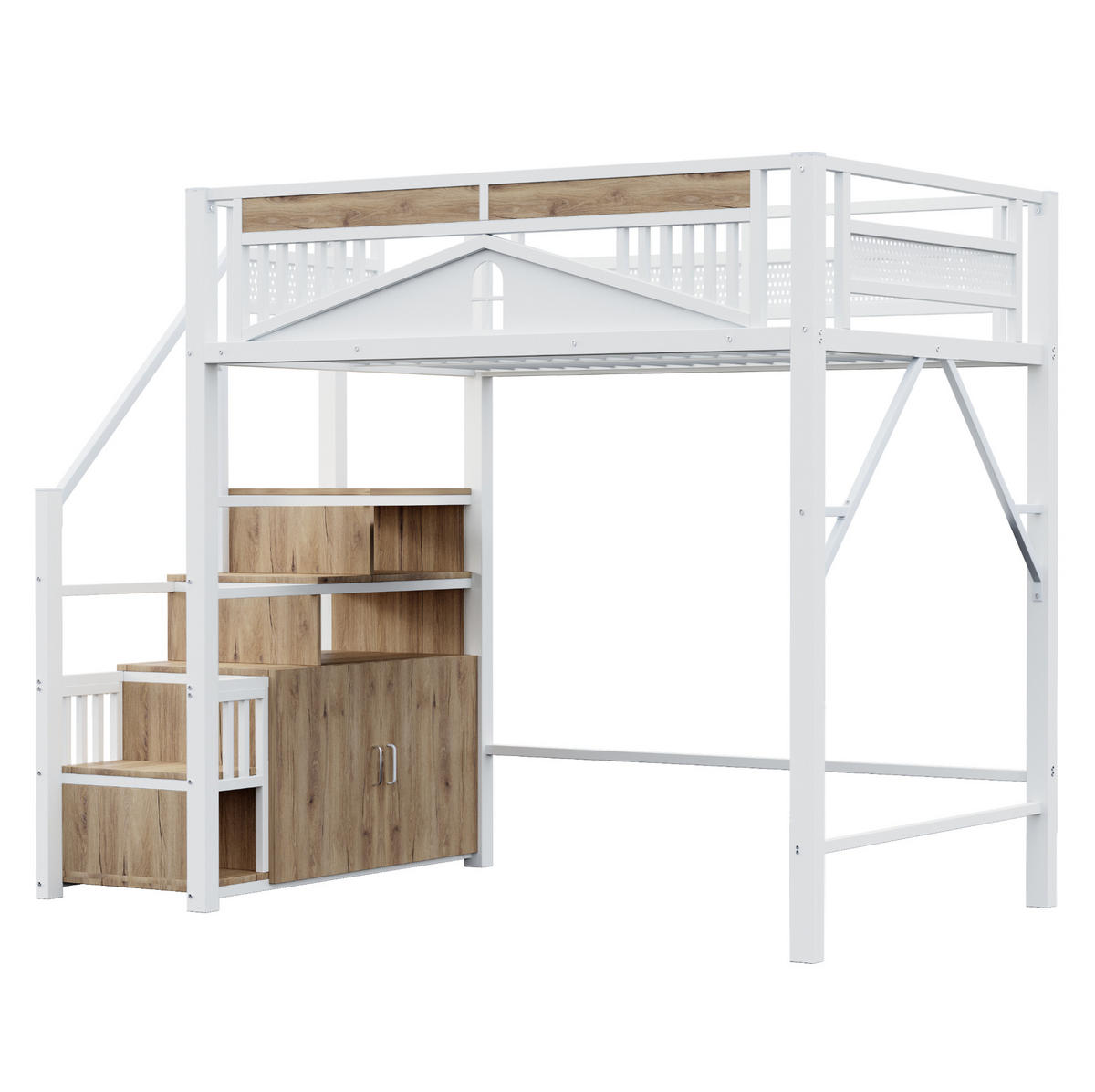 HOCHBETT 140/200 cm in Weiß mit Stauraumtreppe und Sicherheitsumrandung - Weiß, Metall (140/200cm) - BEAOK