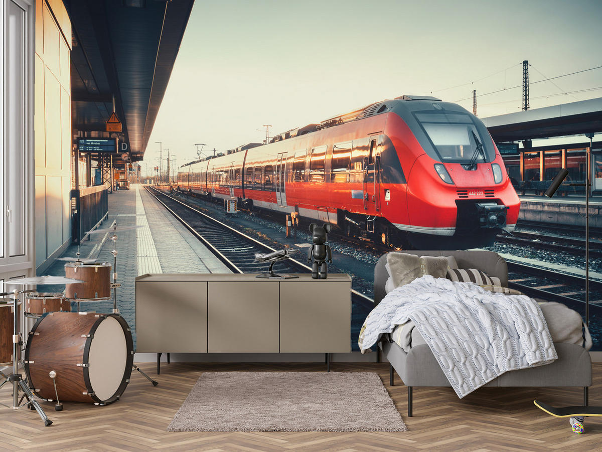 FOTOTAPETA Pre Obývaciu Izbu Moderný Červený Vlak Stanica Koľajnice 150 x 105 cm - hnedá/sivá, papier (150/105cm) - Muralo
