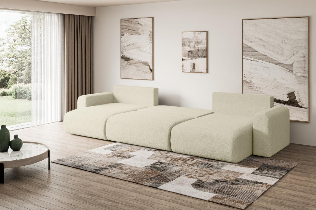 WOHNLANDSCHAFT mit Schlaffunktion und Bettkasten ORRO-U - 362x145x83 cm Beige Bouclé - Beige/Schwarz, Holzwerkstoff/Kunststoff (362/83/145cm) - ALTDECOR