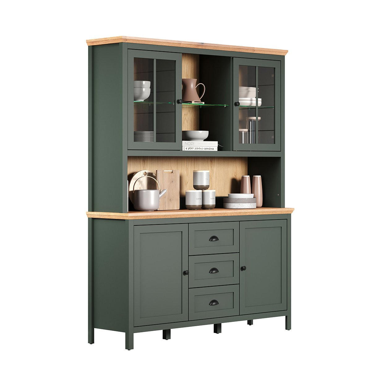 BUFFETSCHRANK mit LED-Beleuchtung, 4 Türen, 3 Schubladen und 2 Nischen H198 cm - Stanton - Grün, Holzwerkstoff (146/146/198cm) - Trendteam