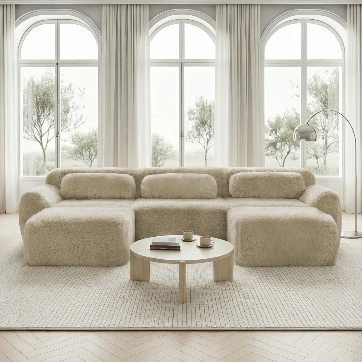 ECKSOFA 291/179/73 cm Hellkhaki aus Plüsch mit U-Form, rutschfester Basis und Kissen - Beige, Textil (179/291cm) - OKWISH