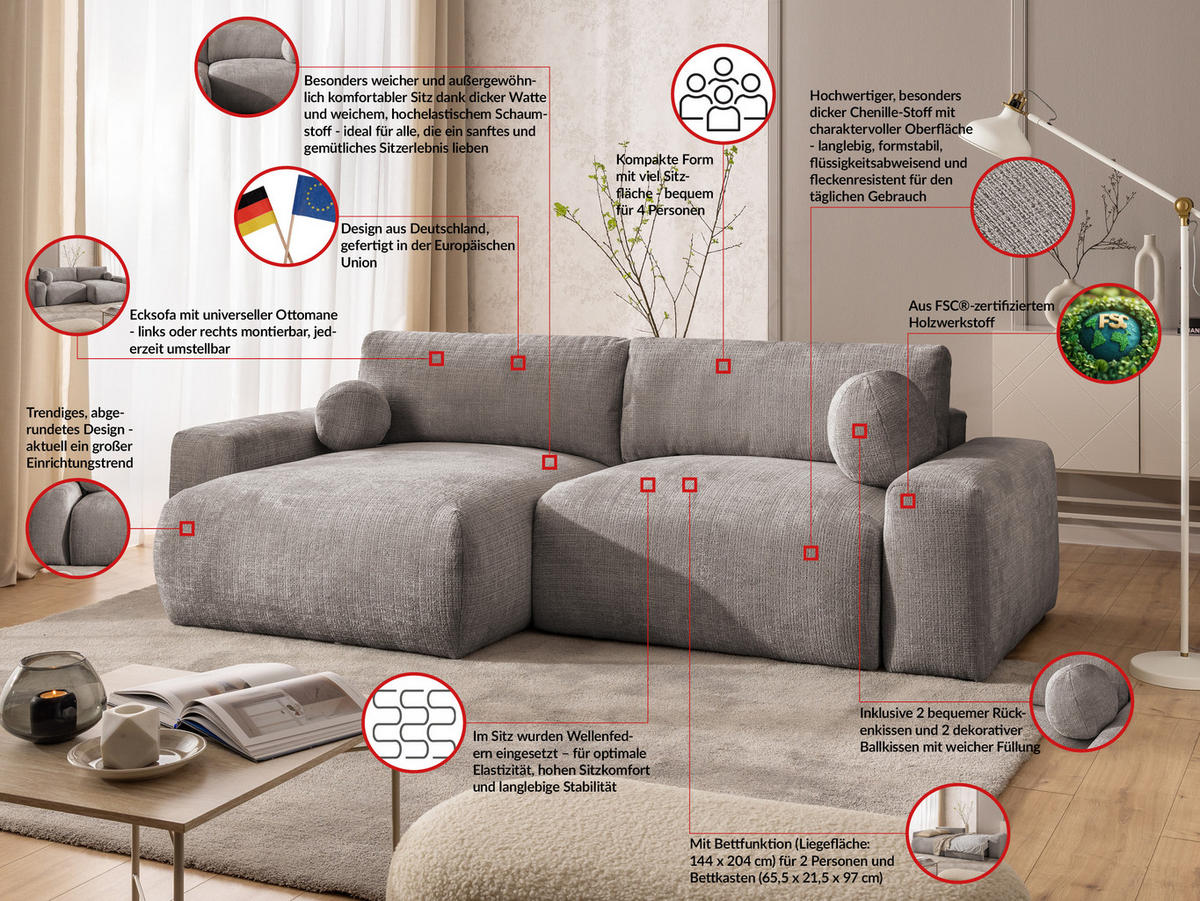 ECKSOFA Puffy mit Schlaffunktion und Bettkasten - besonders weich und puffig aus Taupe Chenille-Stoff - Ottomane links - Taupe/Schwarz, Holz/Kunststoff (138/266cm) - S-Style Möbel