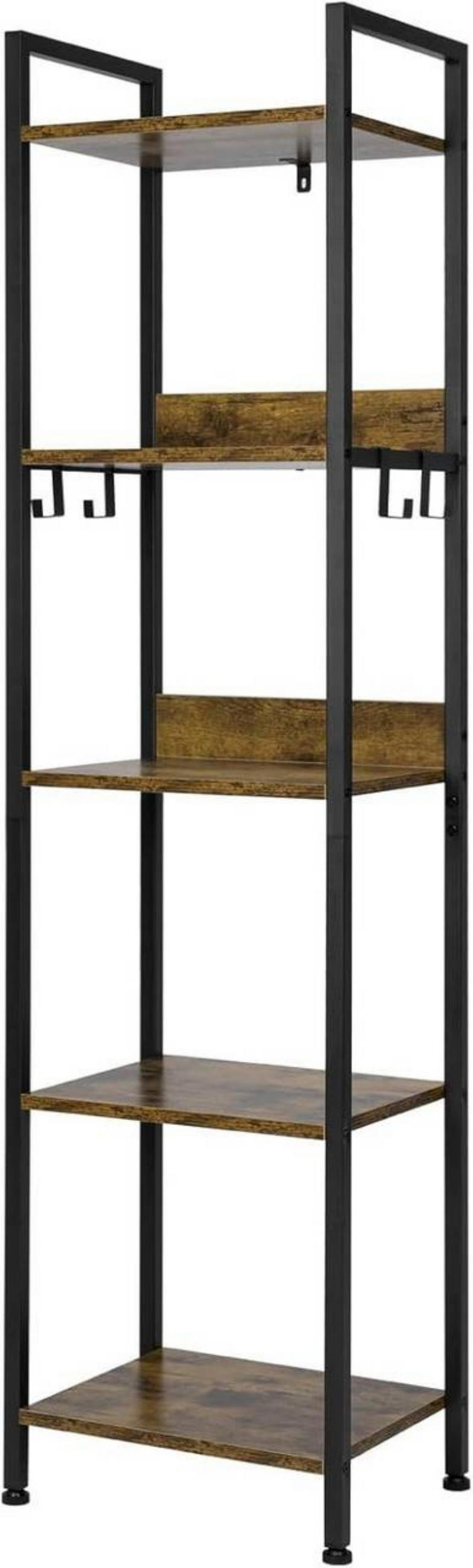 REGAL mit 5 Ebenen, 4 Haken, Vintage Holzoptik - Dunkelbraun/Schwarz, Holzwerkstoff/Metall (40/152.5/30cm) - Woltu