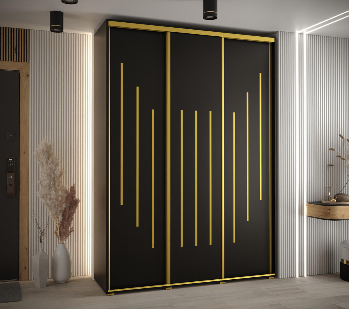 SCHWEBETÜRENSCHRANK 235,2/180/60 3-türig - Goldfarben/Schwarz, Holz/Metall (180/235/60cm) - Abiks Möbel