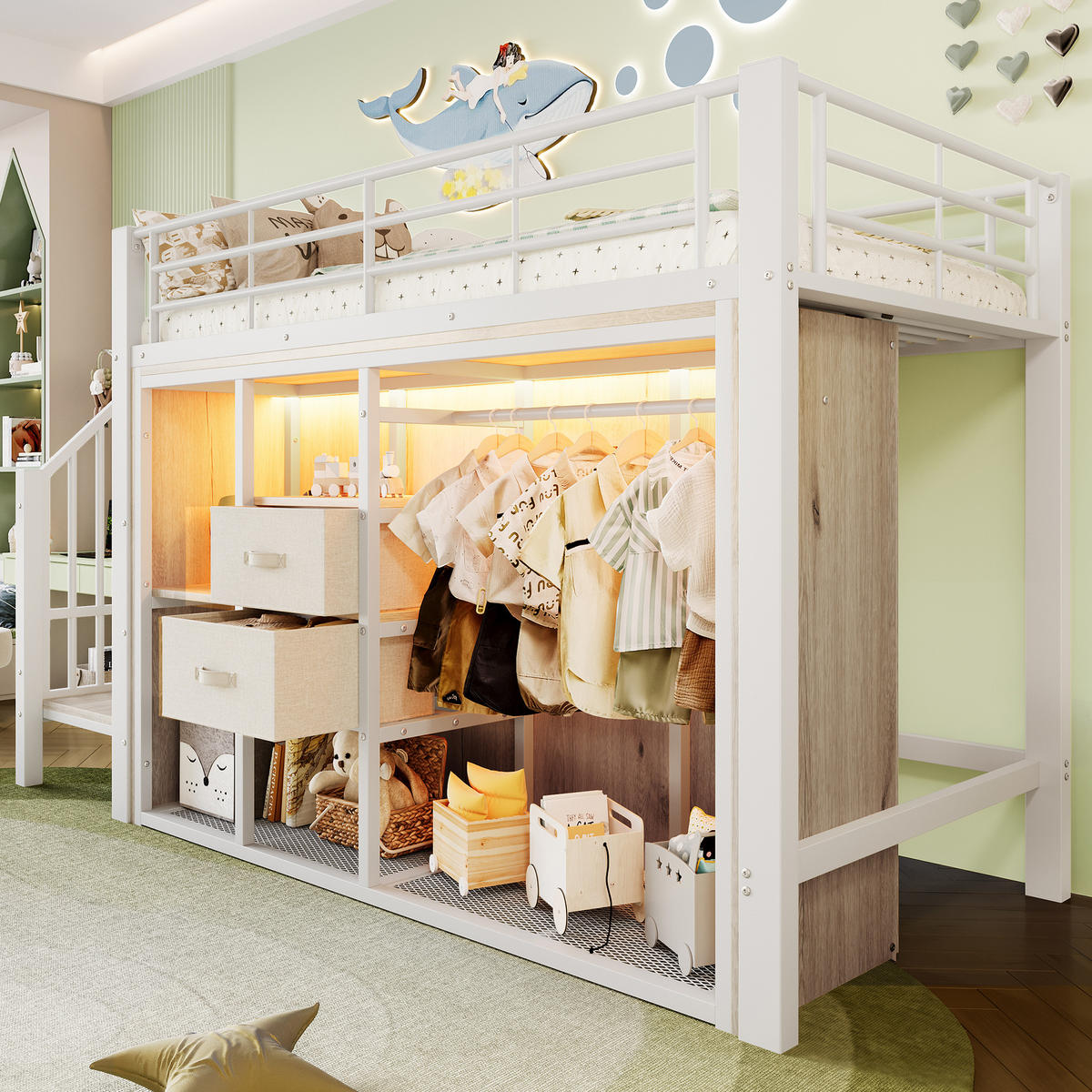 HOCHBETT Kinderbett 90/200 cm aus Metall und MDF mit LED-Beleuchtung und Stauraum Weiß - Weiß, Metall (90/200cm) - Modenvie