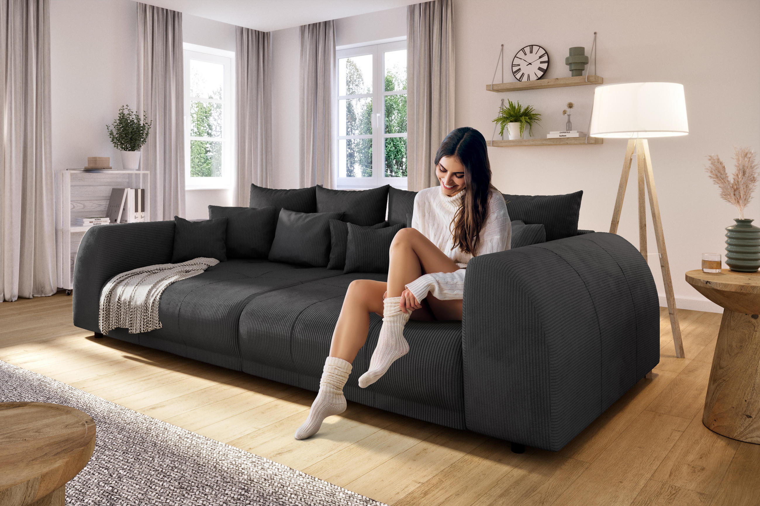 BIGSOFA Levana 5 Sitzer Schwarz Cord-Stoff - Schwarz, Holz/Kunststoff (310/86/135cm) - S-Style Möbel