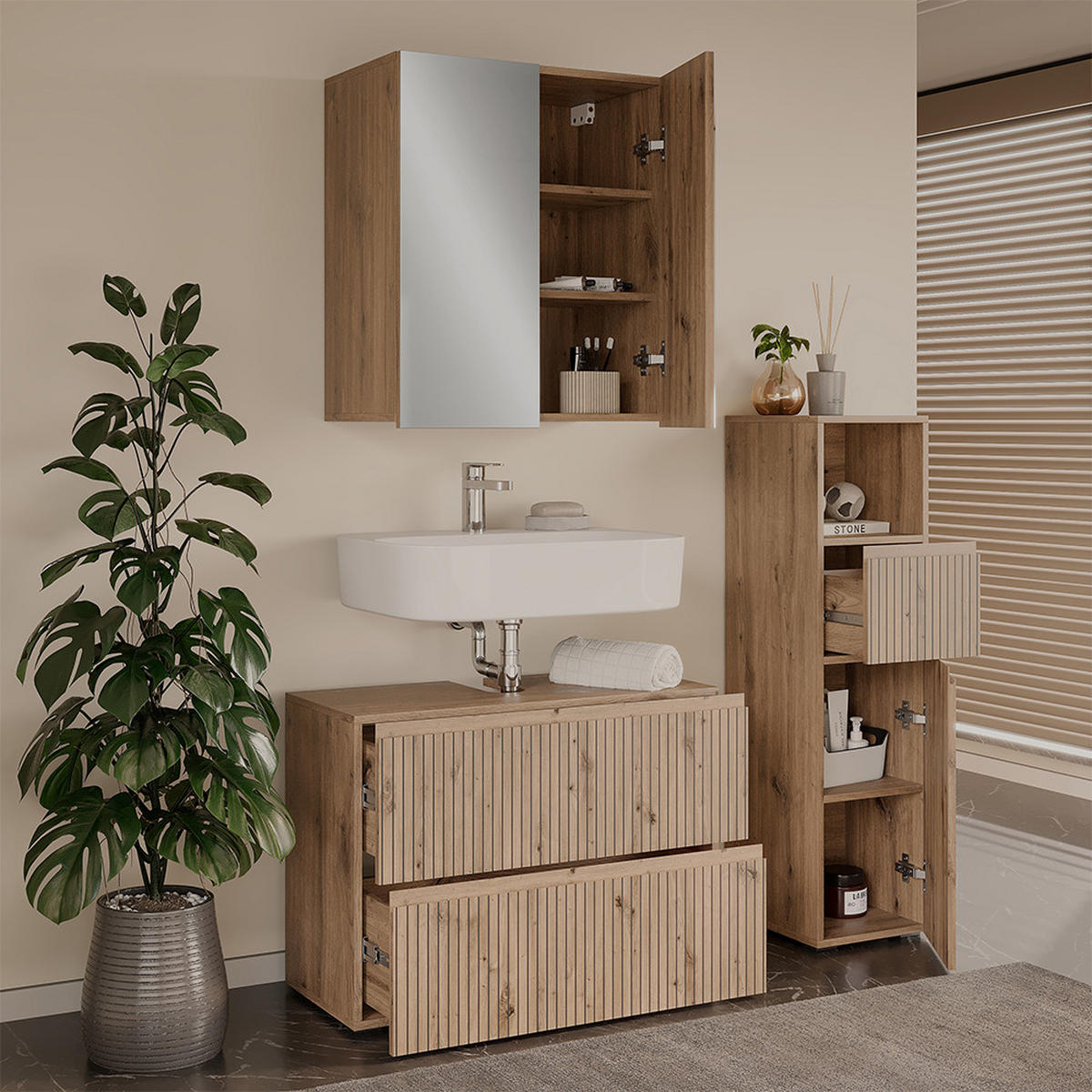 BADMÖBEL-SET Takumi Artisan 3 Teile - Hellgrau, Holzwerkstoff (80/58/35cm) - Vicco