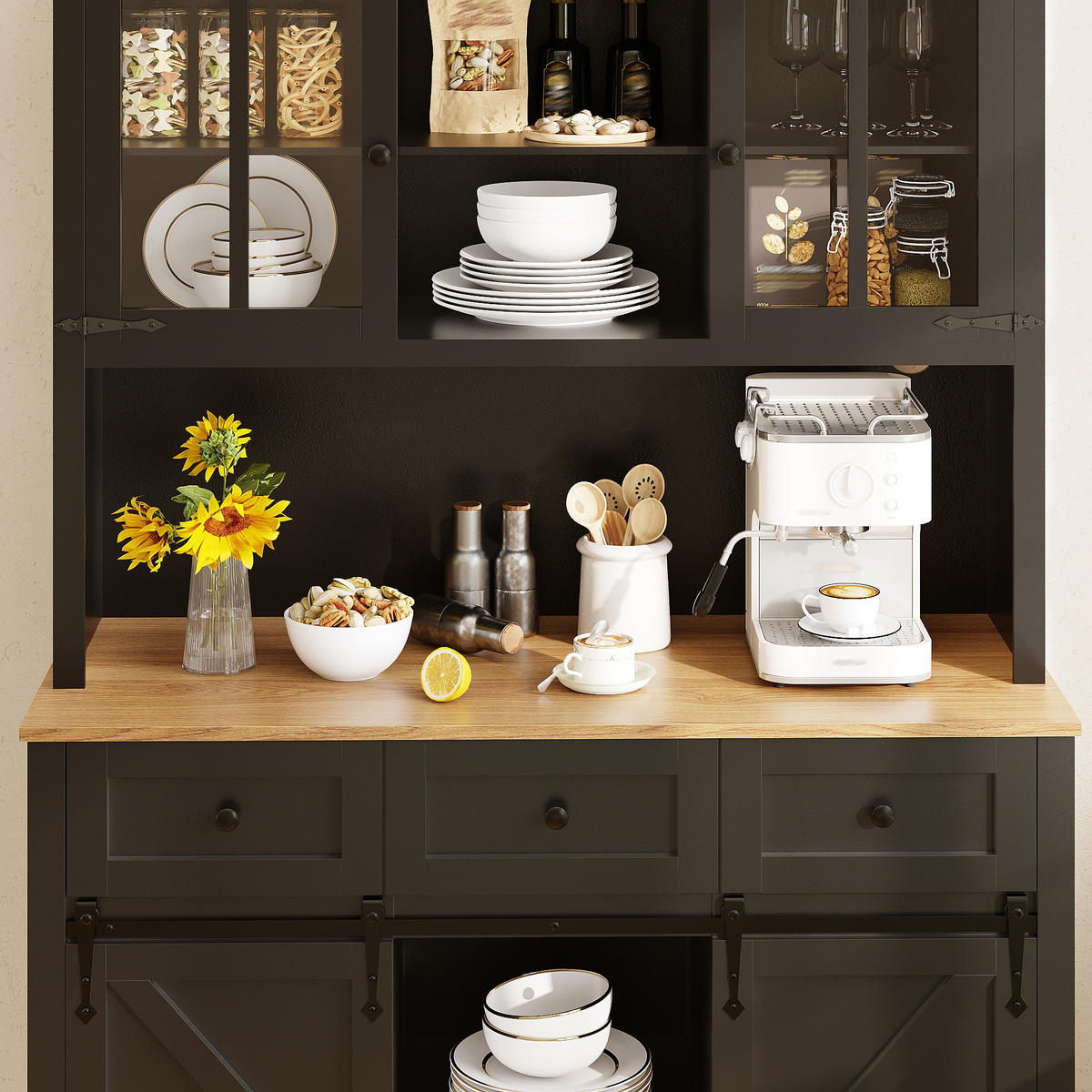 KÜCHENSCHRANK in Schwarz mit LED,verstellbaren Ablagen und Schubladen für Wohnzimmer,B105/T38.4/H180cm - Schwarz, Glas/Holzwerkstoff (105/180/40cm) - STILVORA