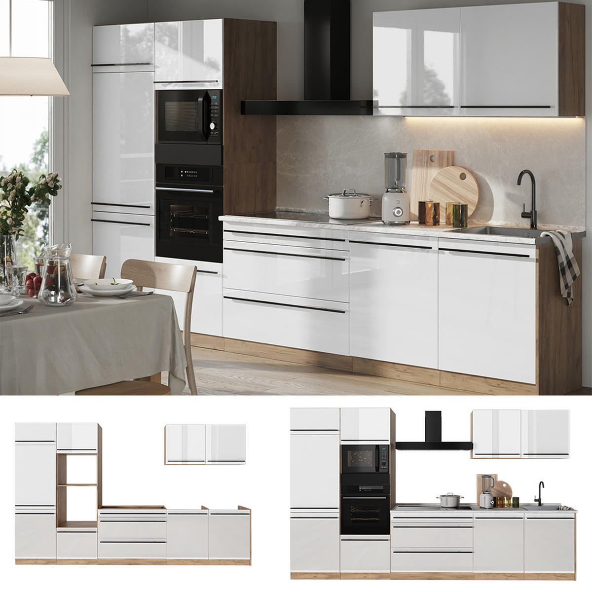 KUHINJA R-Line, Bela visok sijaj/Zlati hrast z močjo, 340 cm pracovní deska Antracit - barve hrasta/bela, leseni material (340/206.8/60cm) - Vicco