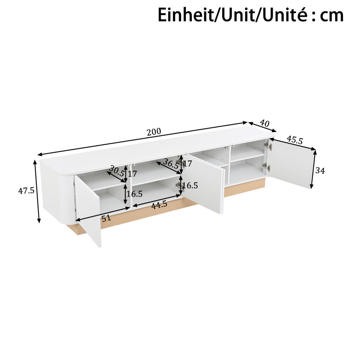 TV-LOWBOARD 200 cm aus MDF, Holzoptik, 3 Türen, Stauraum, abgerundet, Kabelmanagement, Weiß - Weiß, Holzwerkstoff (200/47/40cm)
