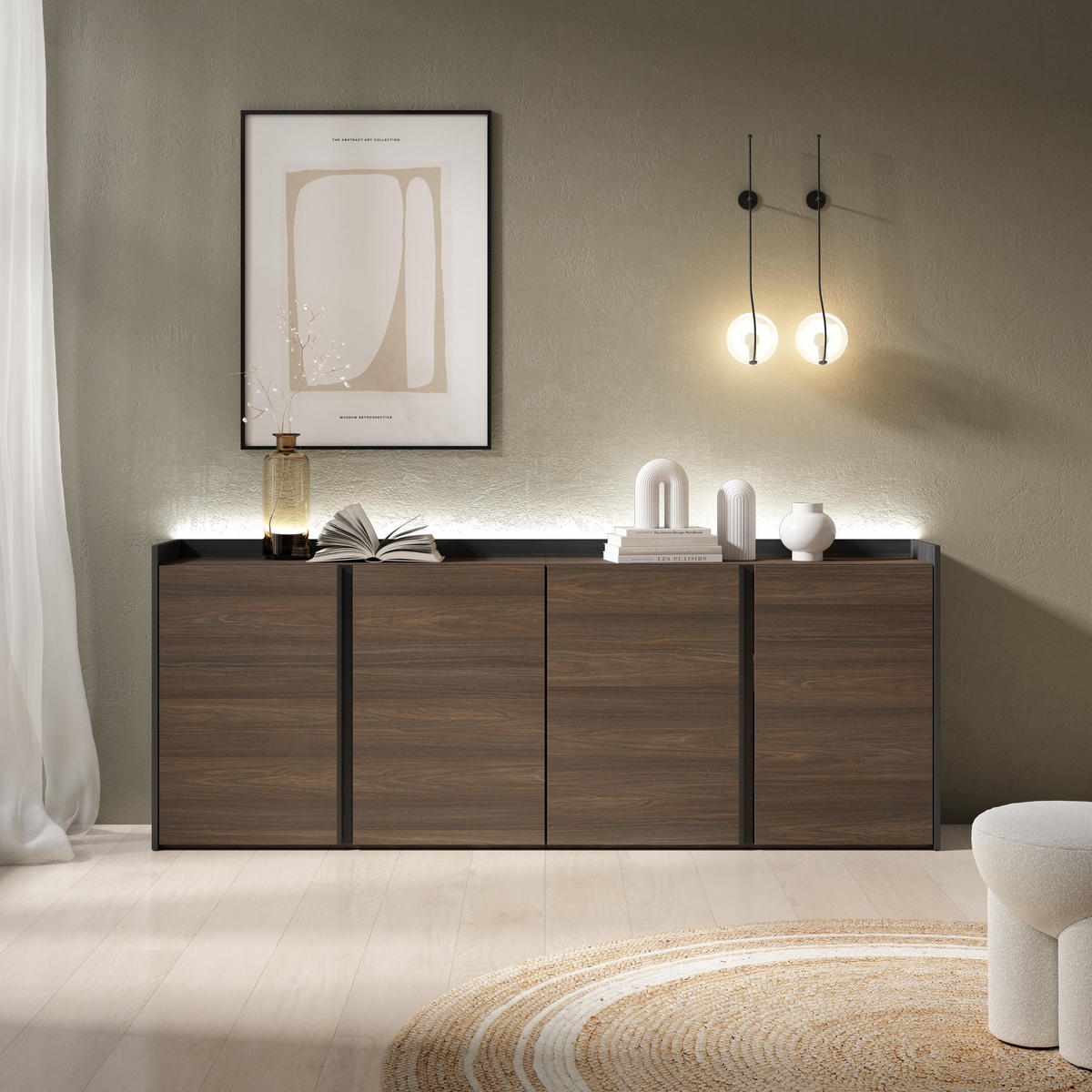 SIDEBOARD, Dunkler Eiche und Schwarz, 207/35/80cm, mit Led - Dunkelbraun, Holzwerkstoff (207/80/35cm) - Skraut Home