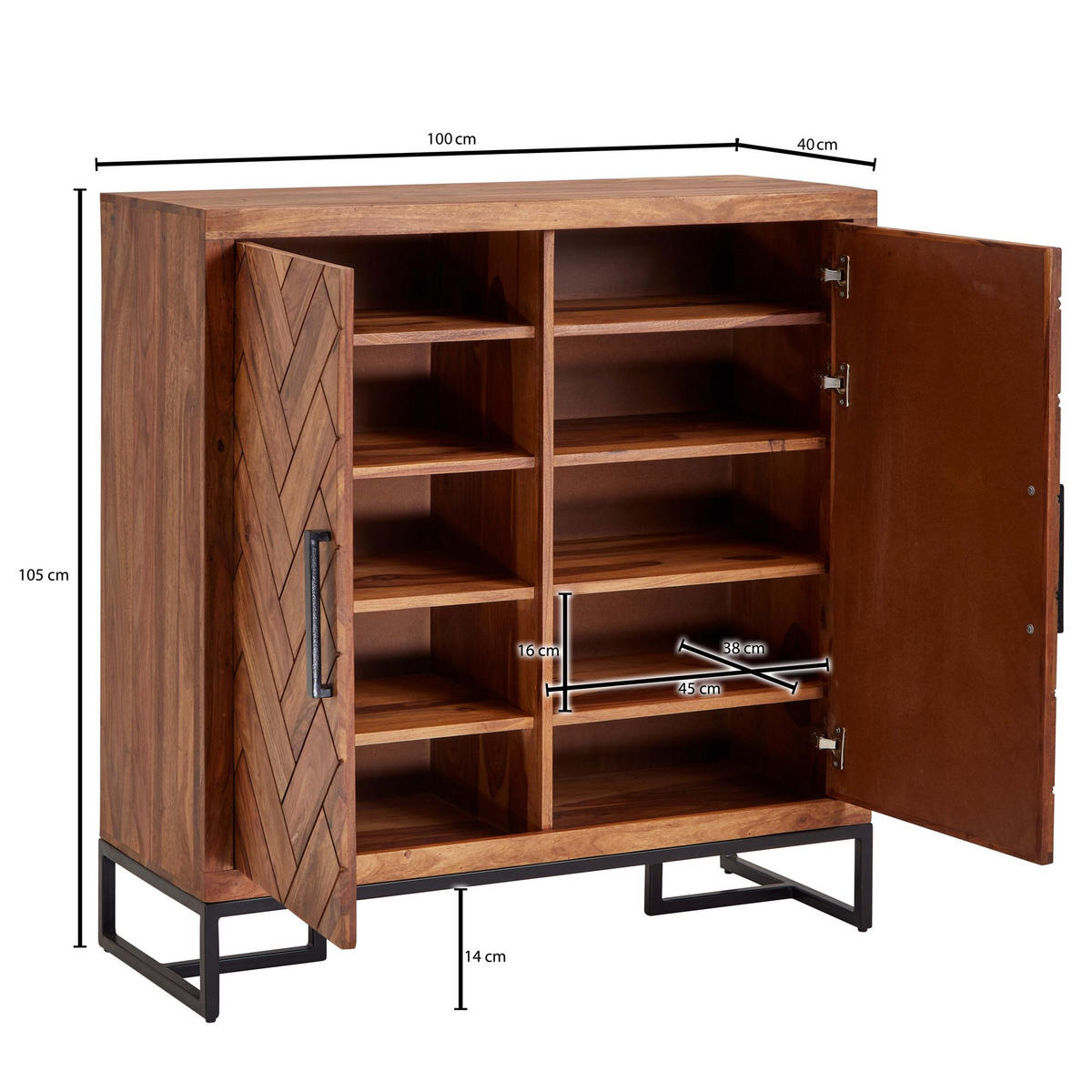 SCHUHSCHRANK – Massivholz, 100x105x40 cm, Fischgrätmuster, große Ablage - Schwarz/Braun, Holz/Metall (100/105/40cm) - KADIMA DESIGN