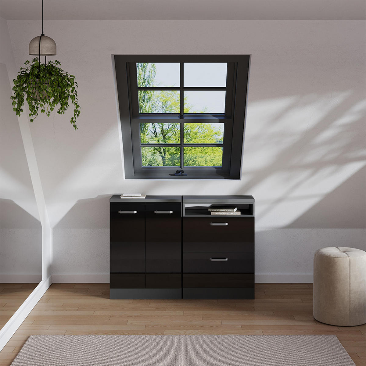 KOMPLET OMAR S POŠEVNO STREHO Rion Črna visok sijaj 120 cm Komplet 2 korpusov omare globina 60 cm - črna/visok sijaj, leseni material (120/83.8/60cm) - Vicco