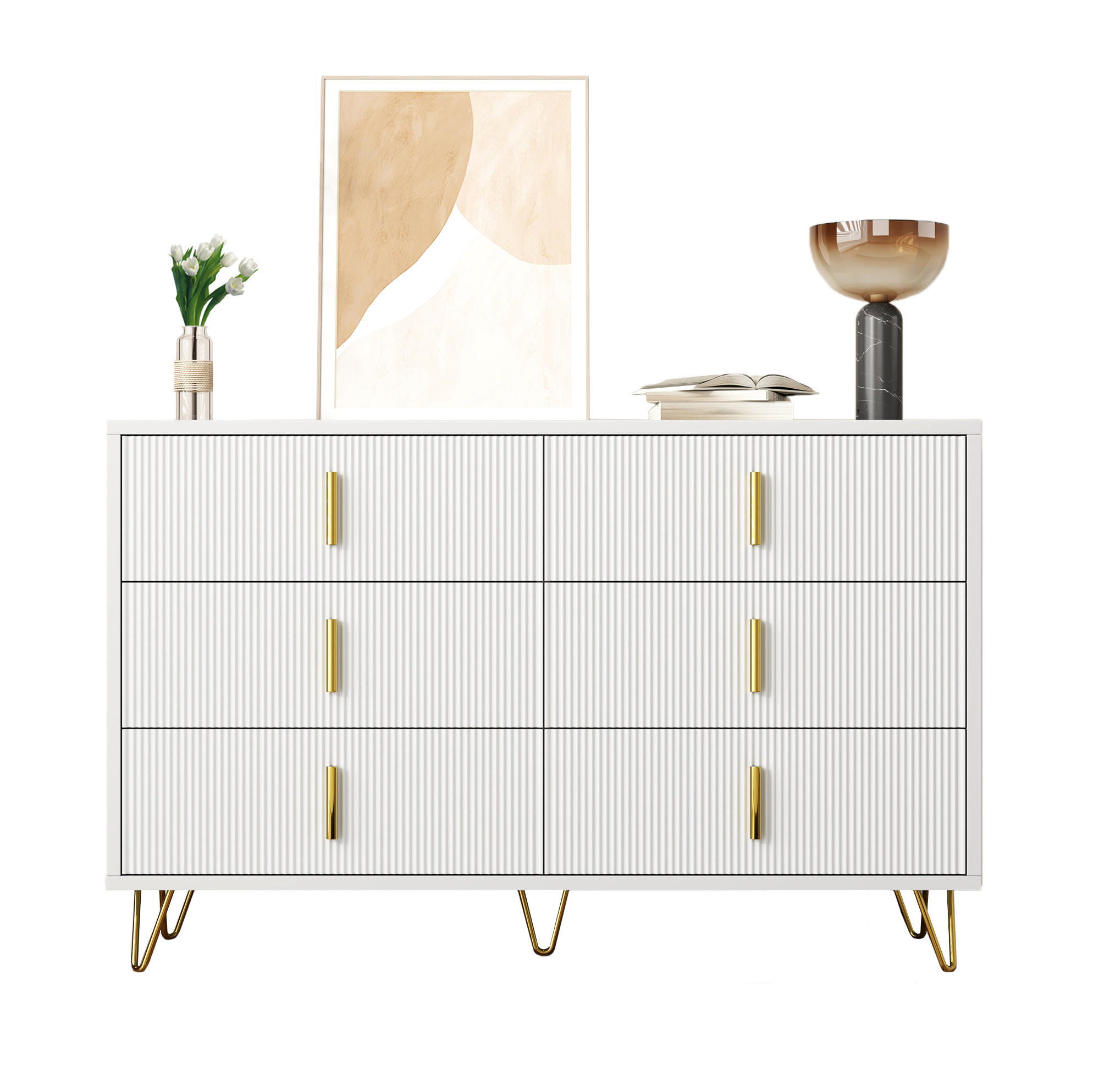 SIDEBOARD 120/40/77 cm weiß/gold aus Spanplatte mit 6 Schubladen - Weiß, Holzwerkstoff (120/77/40cm) - OKWISH