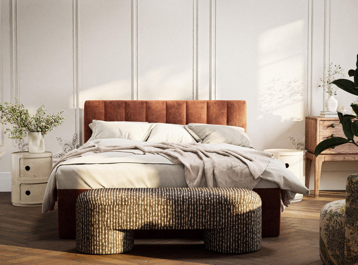 BOXBETT 140/200 cm Lovage S, in Kupferfarbe, Matratze, gepolstertes Kopfteil, Bettkasten, H3 = fest - Schwarz/Kupferfarben, Holz/Holzwerkstoff (140/200cm) - Maison de Reve