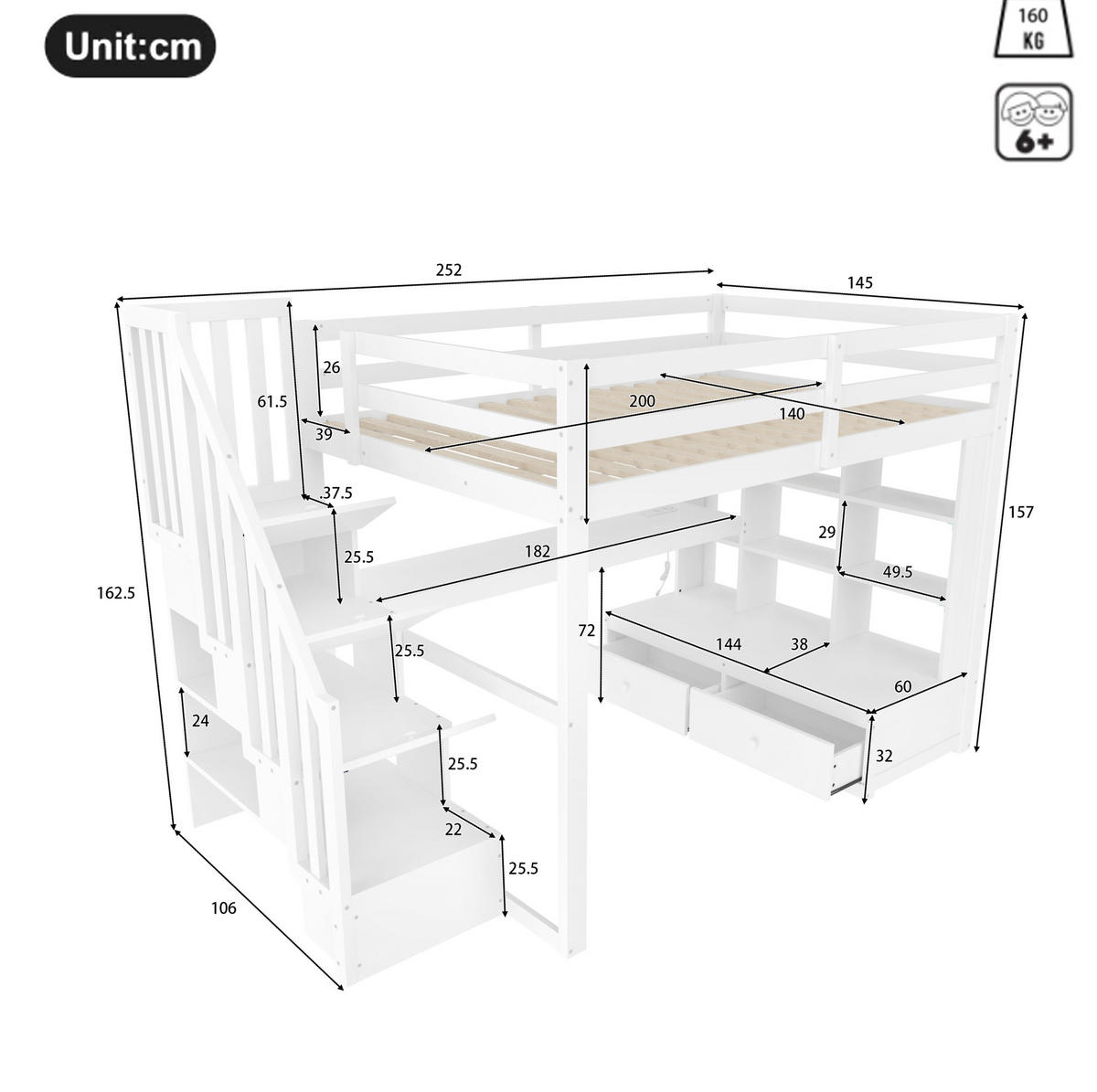 HOCHBETT 140/200 cm mit Schreibtisch, Regalen, Stauraumtreppe, 2 Schubladen und LED-Beleuchtung, Weiß - Weiß, Holzwerkstoff (140/200cm) - Redom