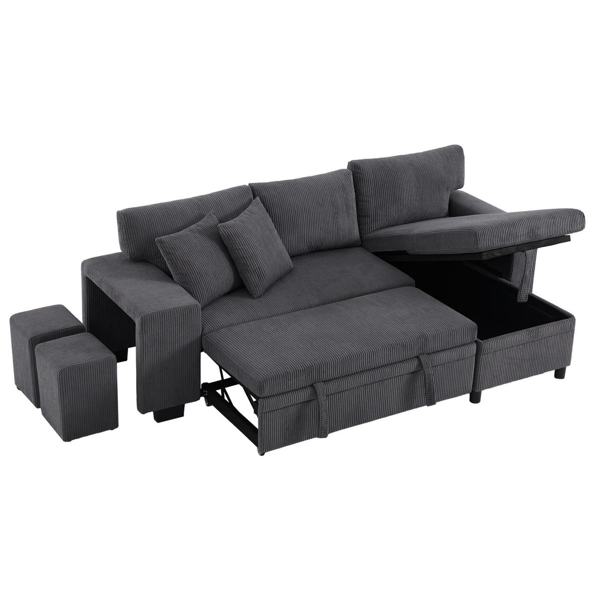 SCHLAFSOFA aus Cord Grau 231x131,5x84 cm mit Stauraum, USB- und Typ-C-Anschluss - Grau, Textil (131.5/84/231cm) - IVMEU