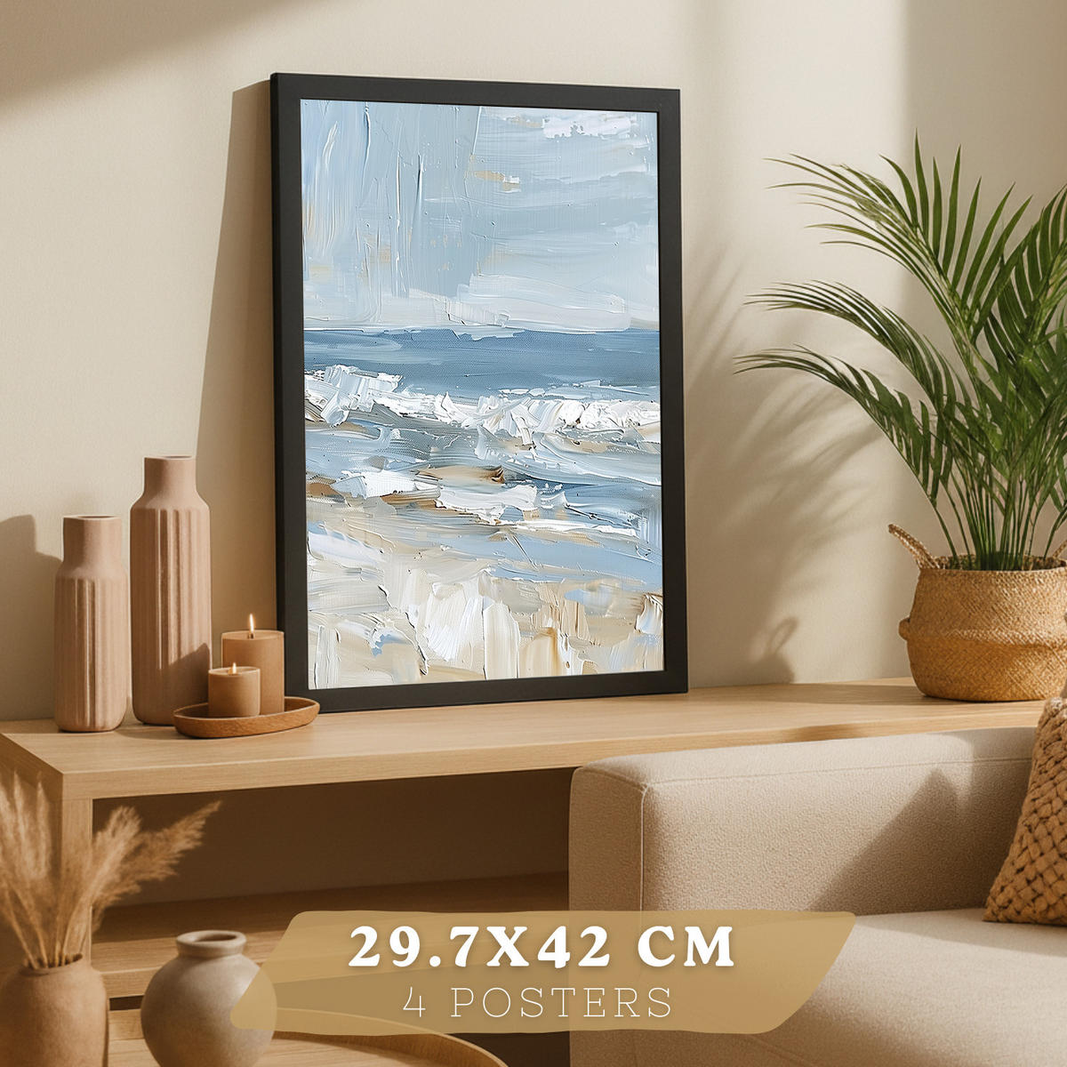 PLAKAT Sada 3 tisků s motivy pláže, moře a francouzské riviéry: maják a loď. Nástěnná dekorace. Přímořská scenérie. Velikost Černý rám A3 - černá, papír (29.7/42/3cm) - Nacnic