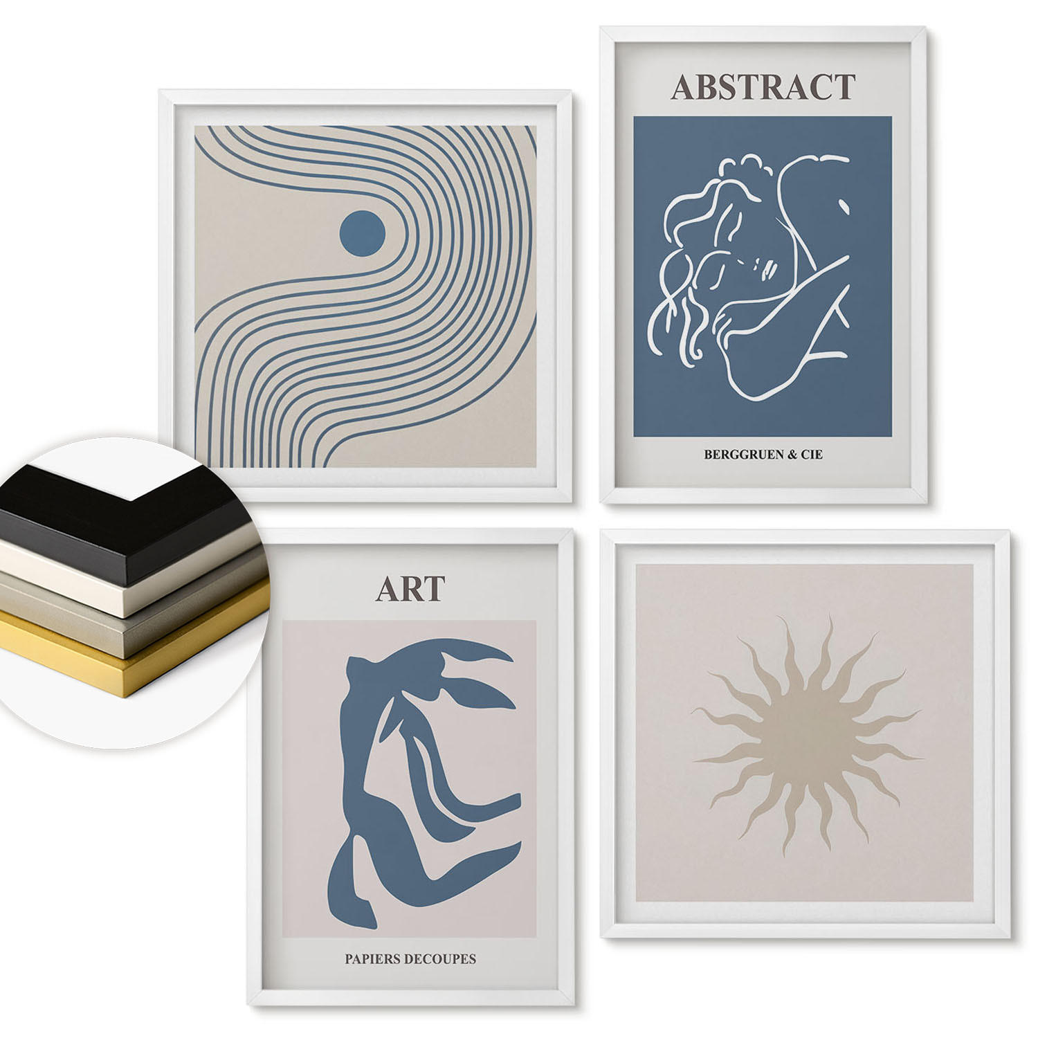 WANDBILDER 4er-Set - 50x50 cm & 40x60 cm Weißer Rahmen - Matisses stilvolle abstrakte Muster - Weiß, Kunststoff (50/50cm) - ArtPrintCave