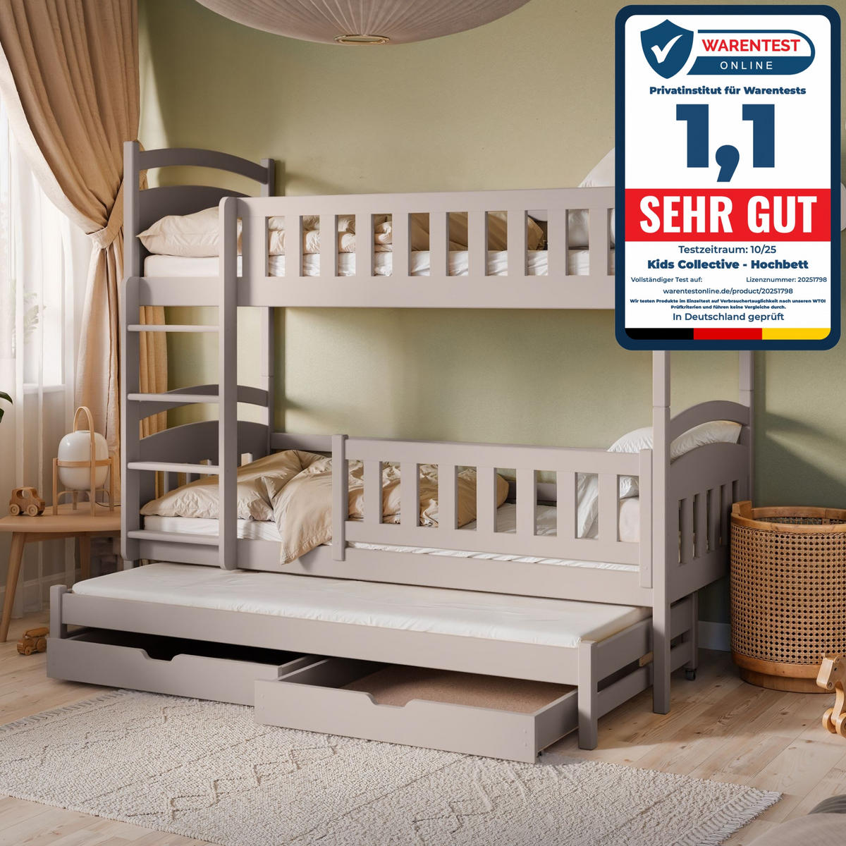 ETAGENBETT 90x200 cm mit Ausziehbett, zwei Schubladen & drei Matratzen in Kaschmir - Kaschmir, Holzwerkstoff (90/200cm) - Kids Collective