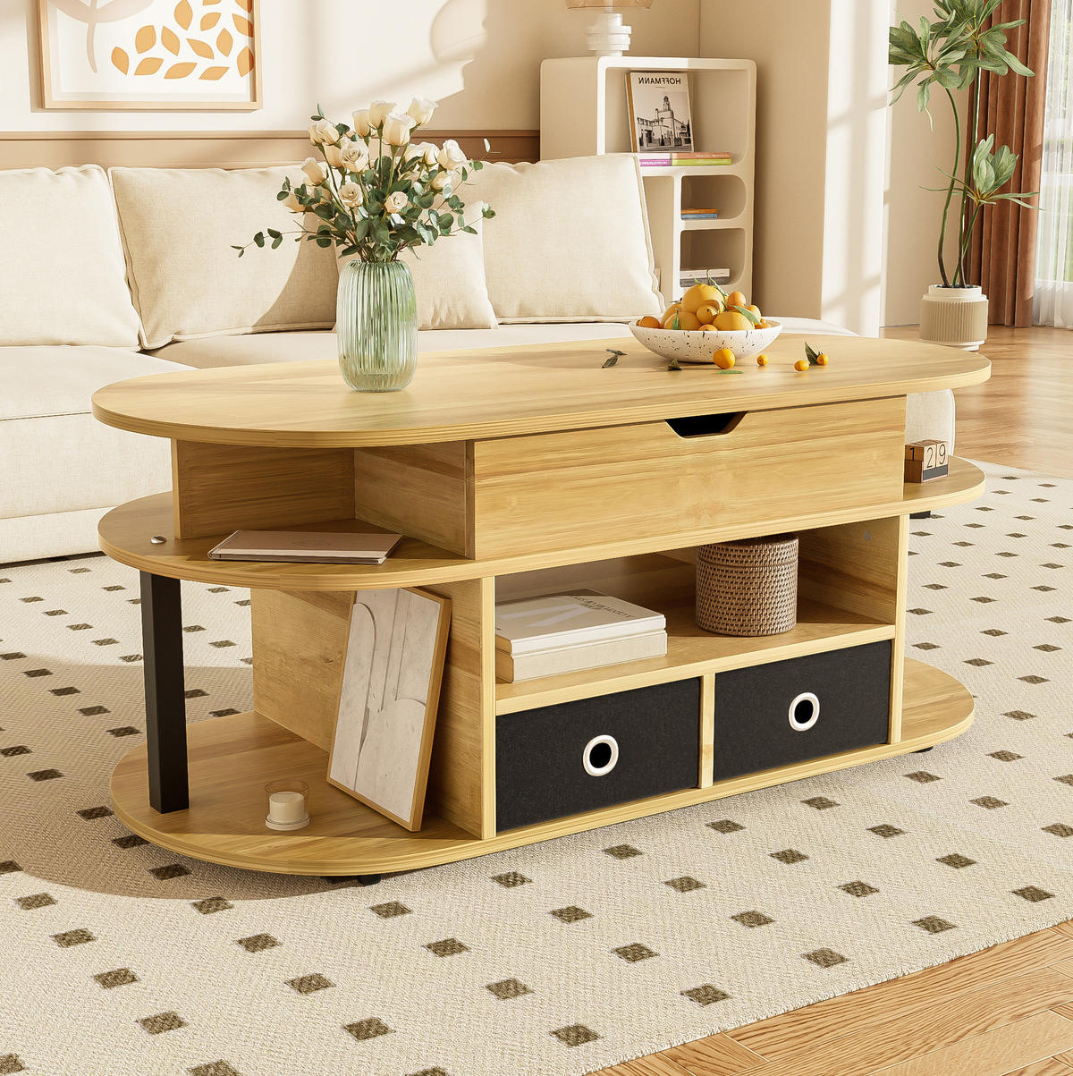 COUCHTISCH 105/50/60 cm Holzmaserung mit Hebefunktion und 2 Stoffschubladen - Schwarz, Holzwerkstoff (105/50/60cm) - OKWISH