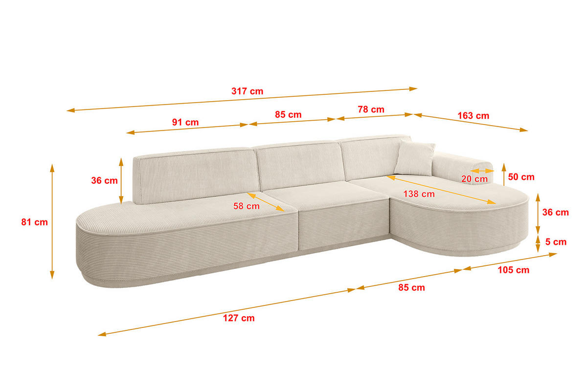 ECKSOFA Ottomane Rechts MARI-L2 - 317x163x81 cm Beige Cord - Beige/Schwarz, Holzwerkstoff/Kunststoff (317/163cm) - ALTDECOR